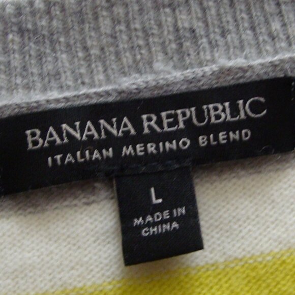BANANA REPUBLIC Yellow Gray & White STRIPE MERINO WOOL Blend SWEATER Sz L - Picture 4 of 4